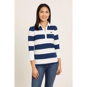Hollister Womens‎ Large Navy White Striped Polo Vintage Casual Collared